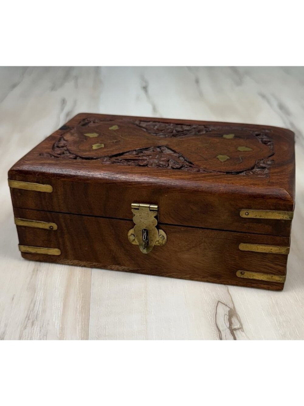 Handmade 6"x4"x2.5" Carved Gilded Wooden JEWELRY BOX Red Velvet Lining India